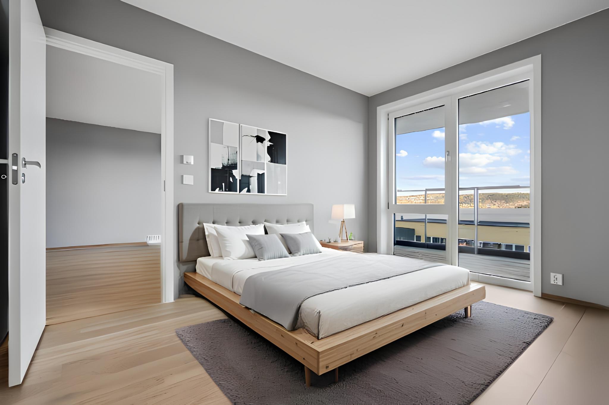 Hovedsoverom med AI-genererte møbler.